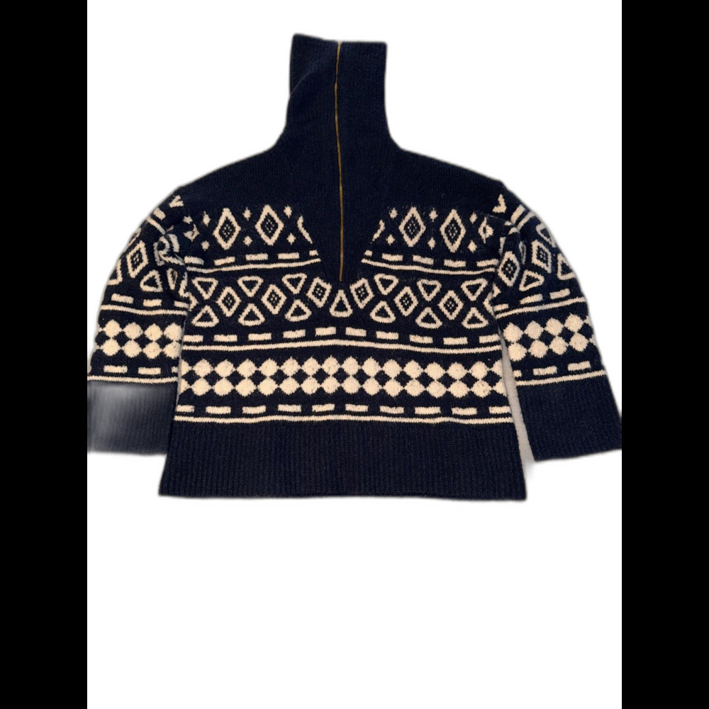 J.Crew Relaxed Half Zip Geometric Knit Sweater Womens S/M Navy Alpaca Wool Blend